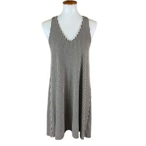 Puella Striped Sleeveless Swing Dress Black Gray V Neck Casual Stretchy Medium
